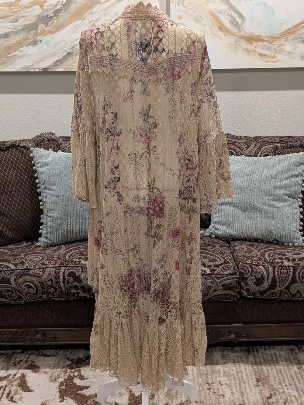 Boho Lace Floral Layered Kimono - Mocha with Pink Floral - Picture 3 of 3